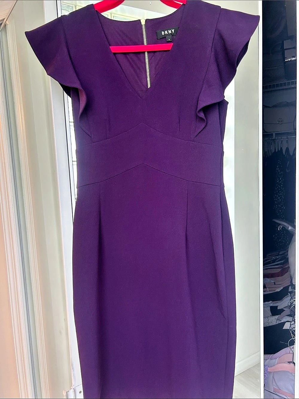 DKNY Purple Midi Dress with Flutter Sleeves Like New